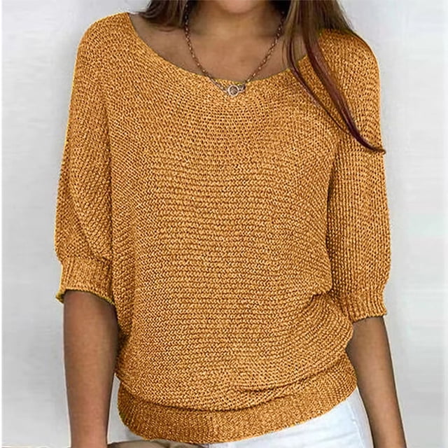 Qertyioot Chandail pour Femme Grande Taille Col Rond Tricot Élégant Manches 3/4 Chemise Confortable