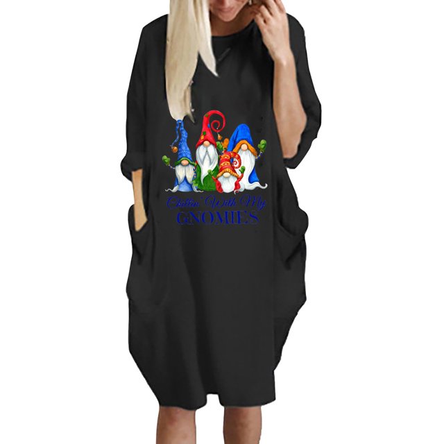 LSLJS Robe d'Hiver Mode Femme Grande Taille Ample avec Poche Imprimée de Noël