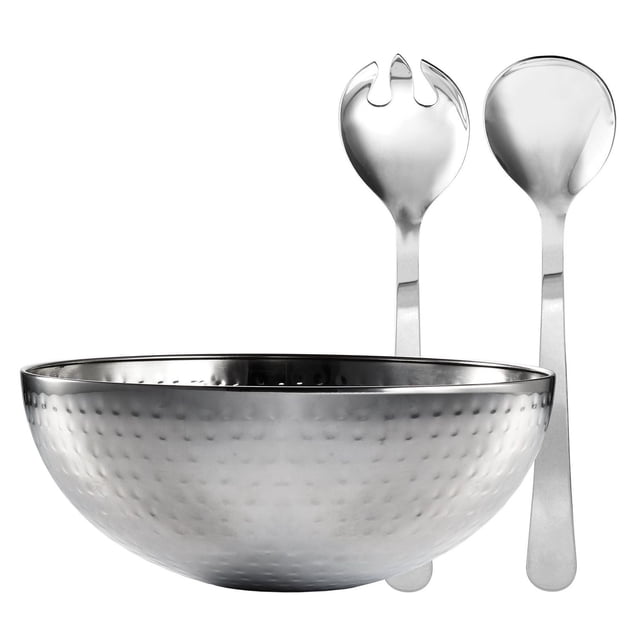 Safdie & Co. Bol à Salade Rond Martelé Ensemble de 3 Pcs avec un Bol Martelé en Acier Inoxydable de 10,2 Po et Deux Ustensiles de Service de 11,2 Po, Conçu pour le Service de Salade et les Repas, Convient Aussi au Mélange d'Ingrédients.