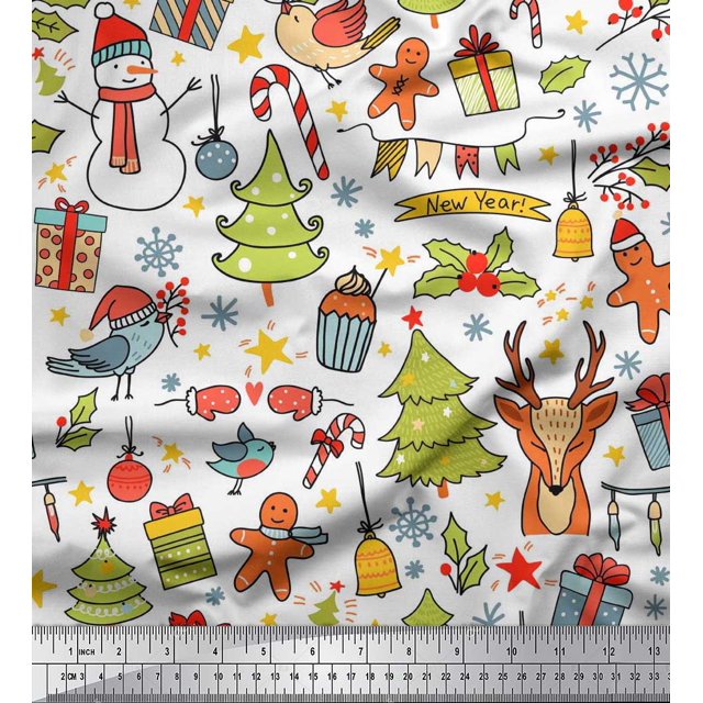 Soimoi Velvet Fabric Gift Box,Snowman & Tree Christmas Printed Craft Fabric by the Yard 58 Inch Wide