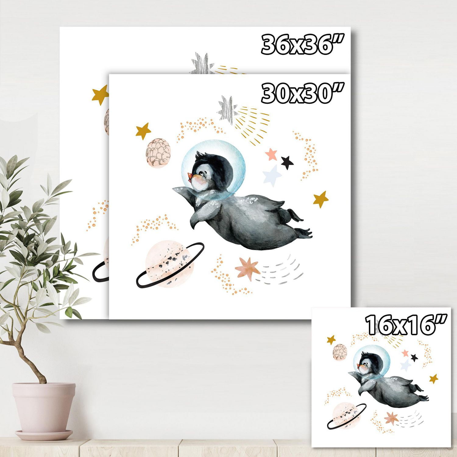 Designart Little Penguin Flying Stars and Planets II Canvas Wall Art
