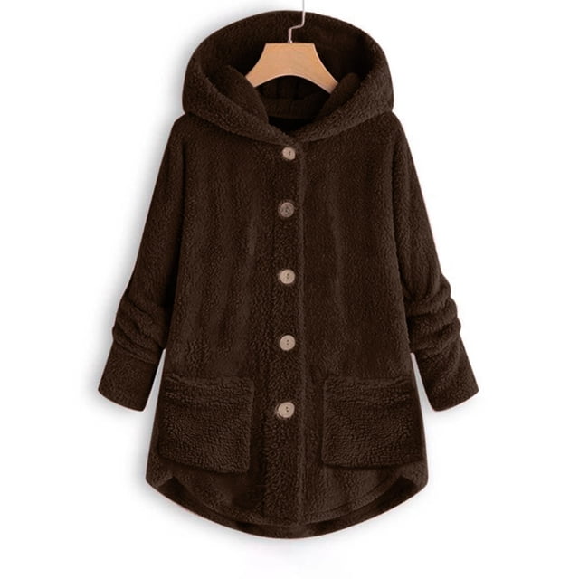 Qertyioot Women Plus Size Button Plush Tops Hooded Loose Cardigan Wool Coat Winter Jacket