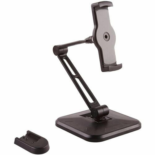 StarTech.com Adjustable Tablet Stand with Arm in black, supporting 4.7" to 12.9" tablets including iPad Pro, with a pivoting arm offering 360-degree rotation and a large square base for stable desk or wall mounting, shown with optional mounting base.
