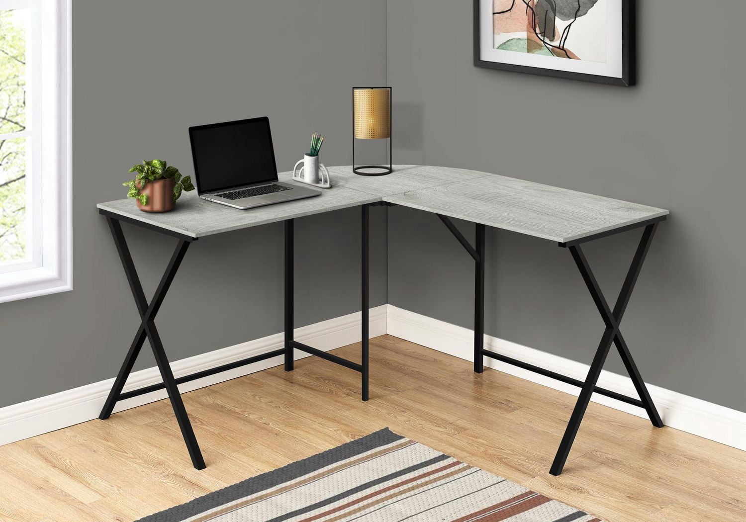 Monarch Specialties Bureau, Bureau À Domicile, Coin, 55"l, Forme De L, Travail, Ordinateur Portable, Métal, Stratifié, Gris, Noir, Contemporain, Moderne