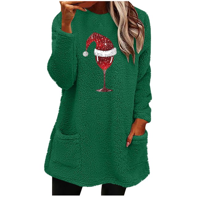 Pisexur Fuzzy Chandails de Noël pour Femmes Doublés en Molleton à Manches Longues à Col Rond Chandail d'Hiver Chaud Imprimé Verres de Vin Rouge Chandail de Noël à Enfiler Hauts avec Poches