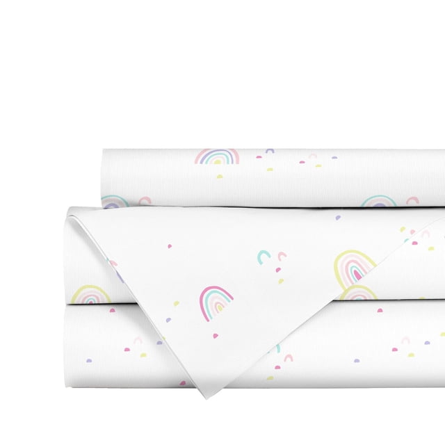 Johnson Home 200 TC Bed Sheet Set - Printed Cotton Sheets showing folded white cotton sheets with pastel rainbow and small dot prints, crafted from breathable 200 thread count cotton for soft, moisture-wicking comfort and vibrant colour retention, suitable for year-round bedroom use.