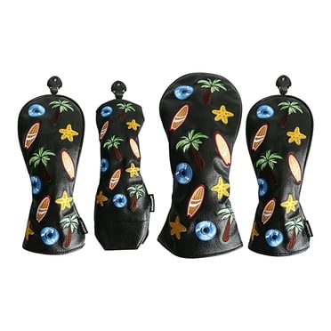 Ensemble de 4 Pcs 1 3 5 UT PU Couvre-Têtes de Golf Putter de Remplacement Imperméables Accessoire de Différentes Tailles Respirant Protecteur Protection Fait à la Main Motif d'Arbre Noir