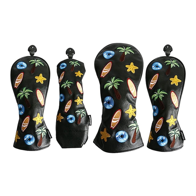 Set of 4Pcs 1 3 5 UT PU Golf Putter Head Covers in black with a handmade tree pattern and colorful embroidery featuring palm trees, surfboards, starfish, and eyes. Made of waterproof PU material with soft thick lining for protection against dents and damage. Includes adjustable number tags (1, 3, 5, UT) for easy club identification. Sizes range from 37cmx17cm for 1 to 28cmx9cm for UT. Suitable for wood clubs, offering stylish and durable protection.