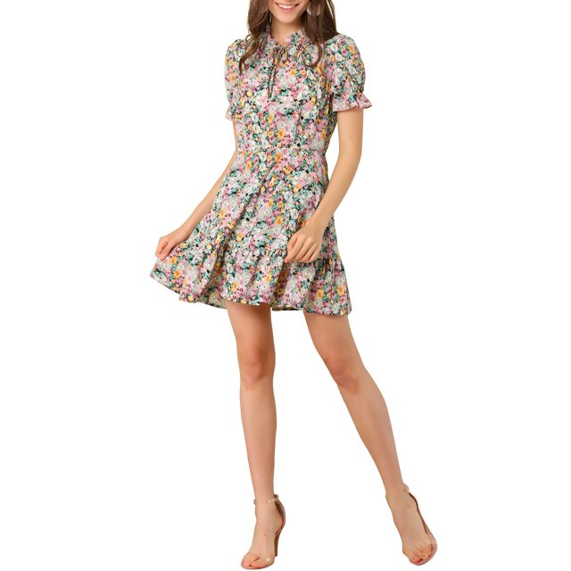 INSPIRE CHIC Women's Ruffle Floral Bow Tie Chiffon Puff Short Sleeve Summer Dress