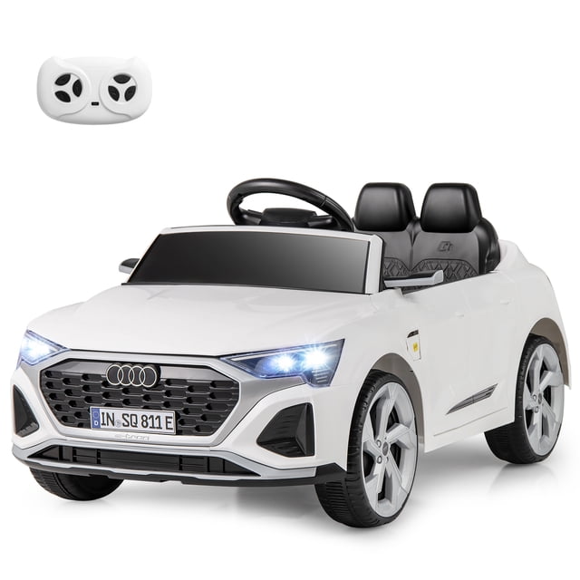 Licensed Audi SQ8 Ride on Car by OLAKIDS in white, a battery-powered electric vehicle for kids aged 3 and up. Features include a 12V rechargeable battery, LED headlights, adjustable music, and a suspension system for smooth rides. The car has a realistic design with a steering wheel, foot pedal, and forward/backward buttons. Includes a remote control for parental guidance and safety features like seat belts and slow start. Suitable for various terrains with wear-resistant wheels and a weight capacity of 66 lbs.