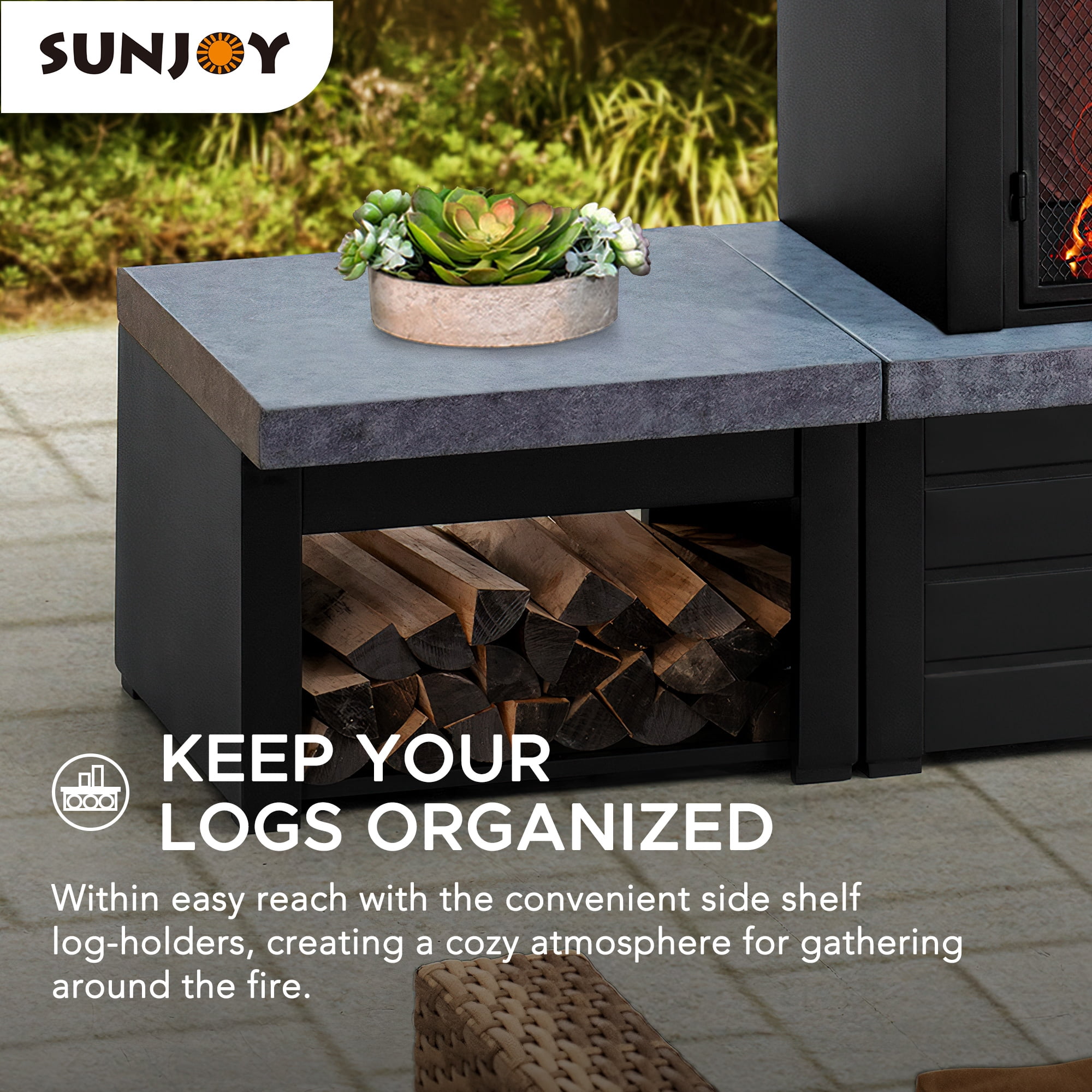 Sunjoy Cheminée Foyer à Bois Extérieur en Acier Noir Mat avec Conduit, Supports à Bûches, Outil de Foyer et Housse en PVC
