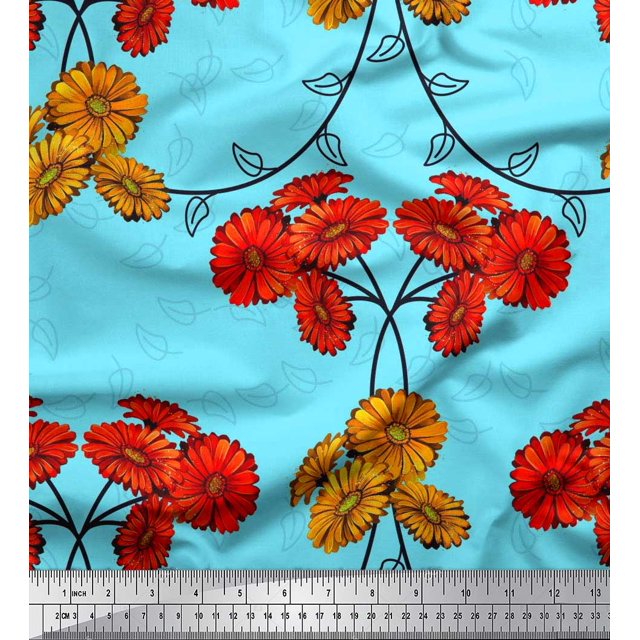 Soimoi Tissu Popeline de Coton Imprimé Floral Feuilles & Aster au Mètre 56 Pouces de Large