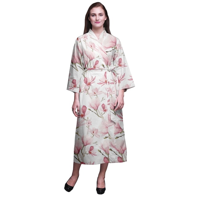 Bimba Robe Longue Blanche à Fleurs de Soucoupe Magnolia pour Femmes Imprimée Mariée Préparation Demoiselle d'Honneur Peignoirs Peignoirs en Coton TP