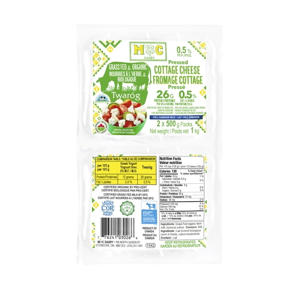 M-C Dairy Fromage cottage pressé biologique nourri à l’herbe, 0,8 % M.G., frais, fromage cottage solide, prêt à consommer
