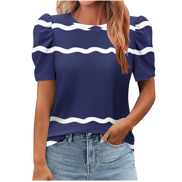 Pisexur Hauts pour Femmes, Hauts de Sortie pour Femmes & T-Shirt à Manches Courtes Col Rond Imprimé, Haut Ample, Hauts de Printemps pour Femmes Marine, 2TG
