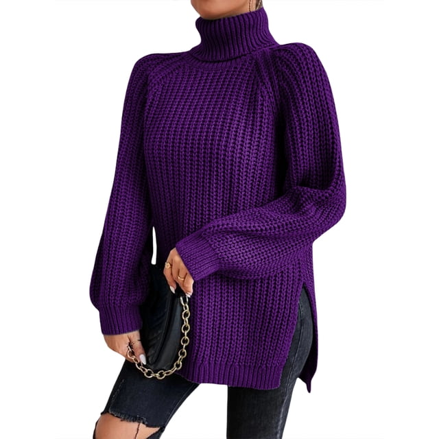 EYIIYE Chandail d'Automne et d'Hiver pour Femme à Manches Longues, Col Roulé, Tricot, Chandail, Couleur Unie, Ourlet Fendu, Long Tricot, Chandail, Ample, Décontracté, Confortable, Hauts