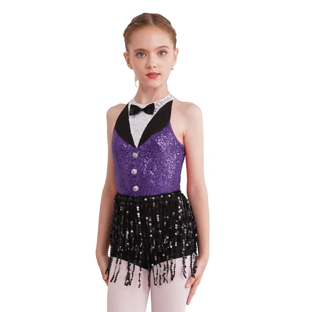 YONGHS Enfants Filles Paillettes Latin Jazz Robe de Danse à Franges Smoking Danse Moderne Justaucorps Combinaison Violet 12