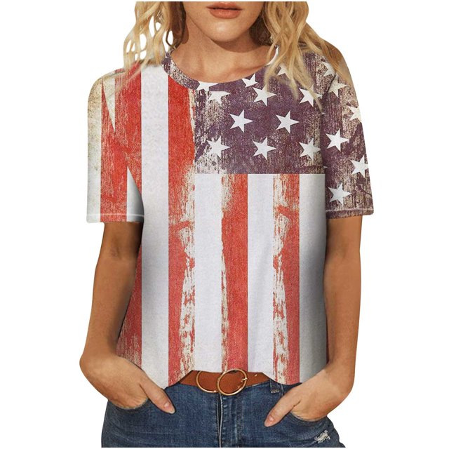 Pompotops Mode Femmes Col Rond Casual Manches Courtes Drapeau Américain Tops T-shirt Chemisier