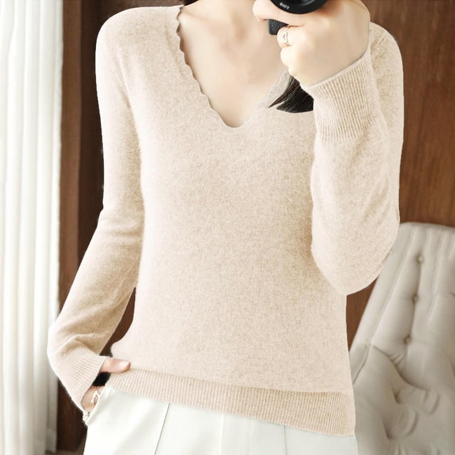 EGNMCR Chandail à Col Rond Mode Femme Décontracté Col Semi-Montant Couleur Unie Ample Base Tricoté Chandail Femme Blouse Polyester