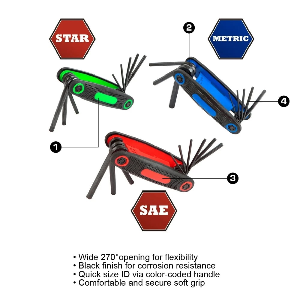 Hyper Tough 3-piece Folding Hex Key Set,Metric,SAE,Star Sizes