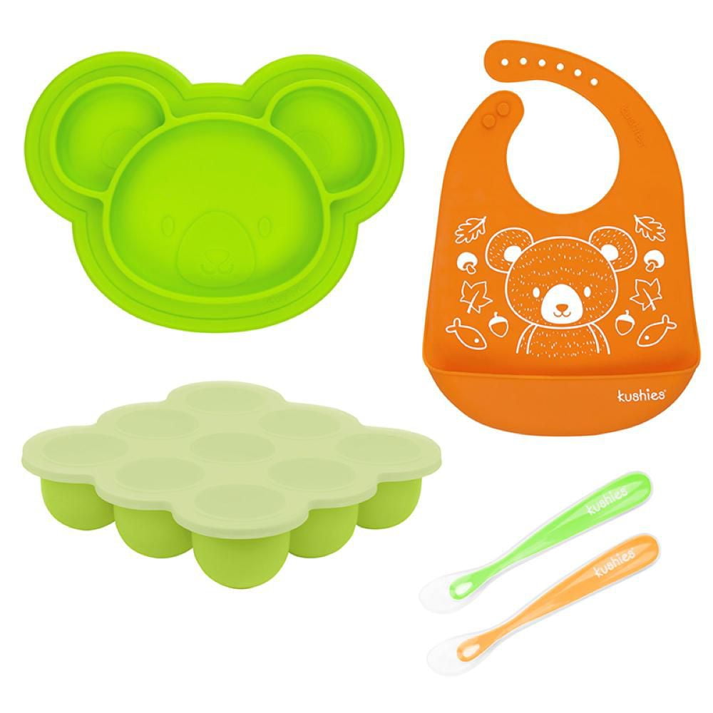 Kushies Ensemble de Repas en Silicone 100 % – Va au Lave-Vaisselle et au Micro-Ondes - Neutre - 6 Mois +