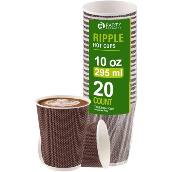PARTY BARGAINS Ripple Hot Cups with Lids, 16 oz, 40 Count, Brown, Insulated Double Wall, Disposable Paper Coffee Cups, To-Go Cup, Tea, Hot Beverages, No Sleeve Needed