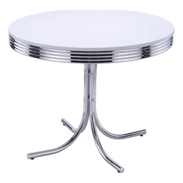 Table à Manger Ronde Rétro de 42 Pouces avec Dessus en Bois, Blanche, avec Rebord Chromé et Pattes Métalliques Courbées. la Table Présente un design Inspiré des Dîners Mi-Siècle, Mesurant 42 Pouces de Large, 42 Pouces de Profondeur et 30 Pouces de Hauteur. Convient aux Repas Ou aux Rassemblements Décontractés.