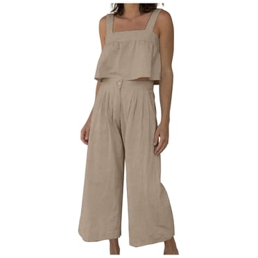 Mikilon Ensemble 2 Pcs Stylé pour Femme Été Coton Lin Couleur Unie Décontracté Deux Pièces (Haut + Pantalon) Mode Col d'Été Décontracté Sans Manches + Ensemble Pantalon Kaki TP