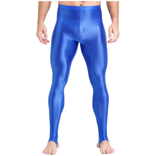 YUUMIN Men's Shiny Compression Pants Oil Glossy Stretchy Workout Sports Base Layer Trousers Blue A L