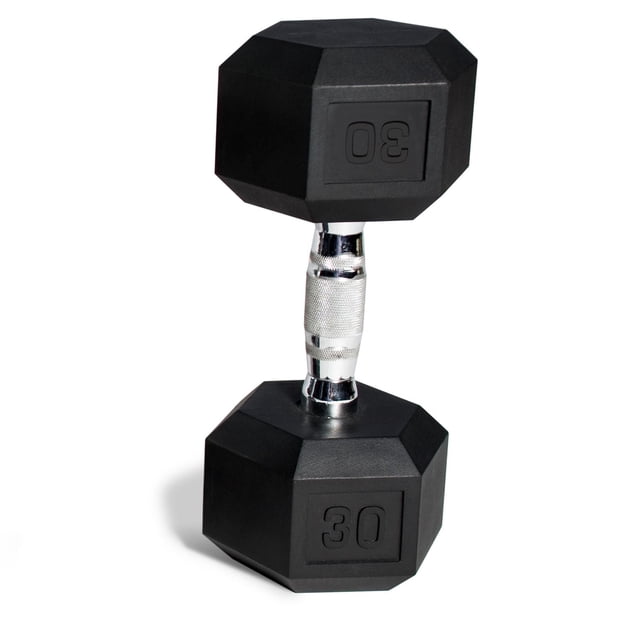 CAP Barbell Coated Hex Dumbbell, Single 30 lb, with black hexagonal coated heads made from durable grey iron and a chrome knurled steel handle for secure grip, suitable for strength training and functional workouts.