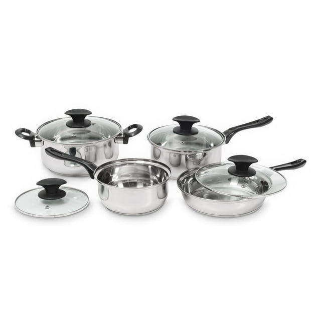 Starbasix Batterie de Cuisine 8 Pcs avec Casseroles et Poêles en Acier Inoxydable, Couvercles en Verre avec Boutons et Poignées Noirs, surfaces Antiadhésives Faciles à Nettoyer, Va au Lave-Vaisselle, Incluant Casseroles, Poêle à Frire et Grande Casserole, Convient aux Tâches de Cuisson Polyvalentes.