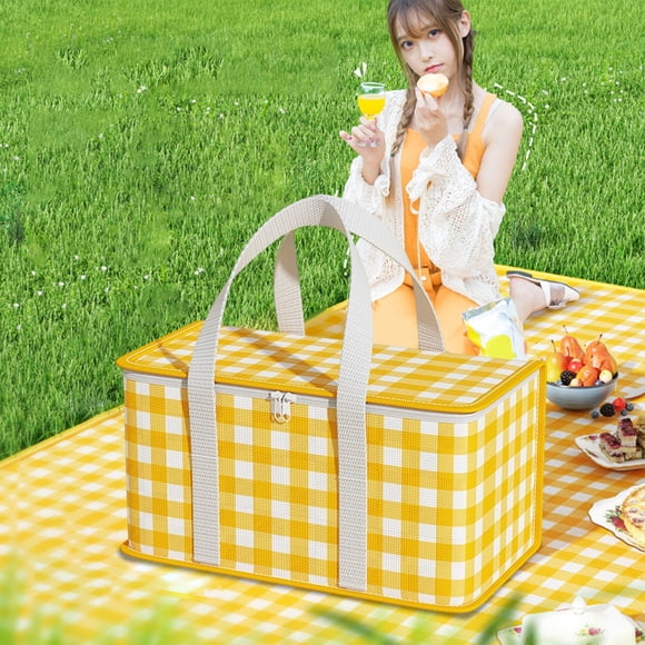 Sac de Pique-Nique Isotherme Portable - Grande Glacière et Chauffe-Plats, Sac à Lunch Pliable en Tissu Non Tissé pour les Repas, Jaune, JKODE