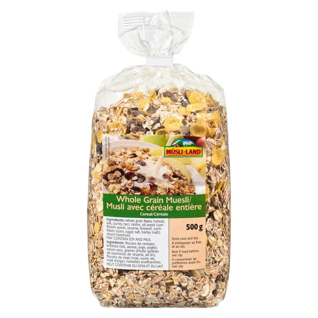Mestemacher Whole Grain Muesli in a clear 500g bag showing a mix of wheat, oat, barley, and rye flakes with raisins, sunflower seeds, sesame, cornflakes, and sliced hazelnuts, a fiber-rich cereal suitable for breakfast or healthy snacks, with ingredient and storage information on the label.