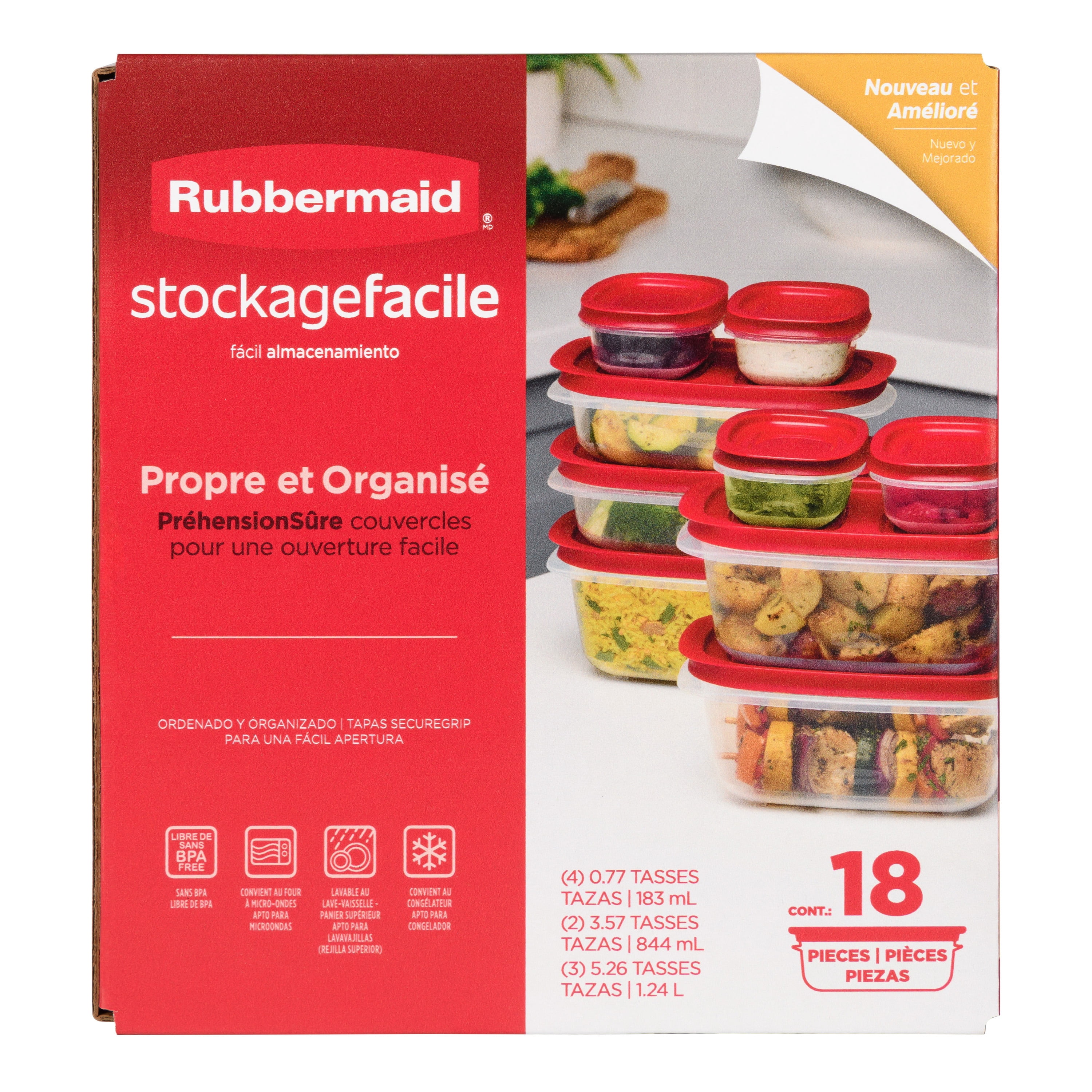 Contenants de conservation des aliments rectangulaires de taille moyenne Stockagefacile de Rubbermaid avec couvercles, ensemble de 18 pièces