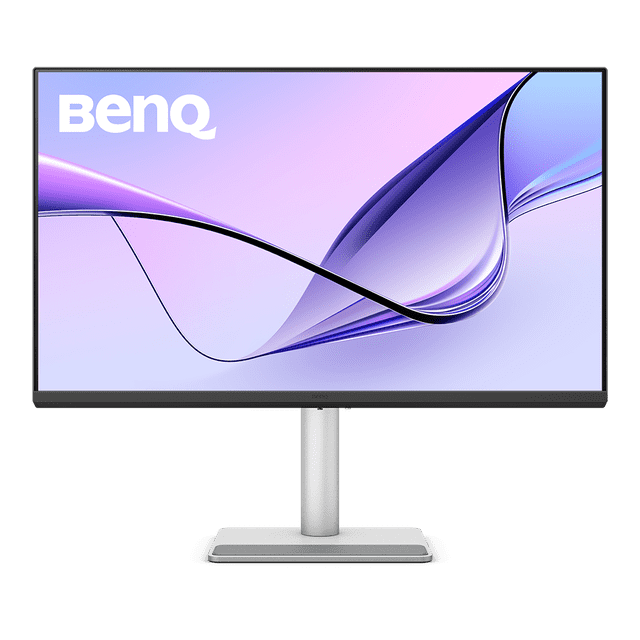 BenQ 32”, 3840x2160, Silver, MA320U LED monitor with a 31.5-inch IPS panel displaying a purple and blue abstract wave, slim bezels, and a silver stand, calibrated for MacBook with exclusive Mac color tuning and P3 wide color gamut, ideal for creative professionals.