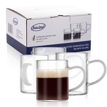 Bacimi Tasses à Espresso Mini en Demi-Tasse Transparentes avec Poignées Blanches 3 oz (Ensemble de 4) Verre Borosilicaté