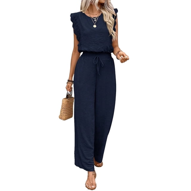 Jumpsuits for Women Summer Ruffle Sleeves Square Neck Rompers Drawstring Overalls with Pockets Dark Blue S