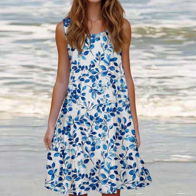 Ovzne Robes pour Femmes 2025 Robe Mode Vacances Été Couleur Unie Sans Manches Fête Plage Robe Vacances Imprimée Liquidation