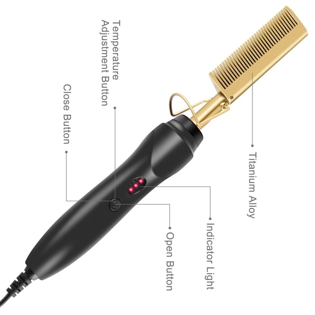 nipocaio ELECTRIC LICE COMB - Anti Lice and Nits Comb with a black ergonomic handle and gold-toned titanium alloy comb head. Features include a temperature adjustment button, indicator light, and open/close buttons for user convenience. Designed for natural and ecological lice and nit removal on dry hair, it ensures effective treatment with regular use. Includes a cleaning brush for maintenance; avoid using water for cleaning.
