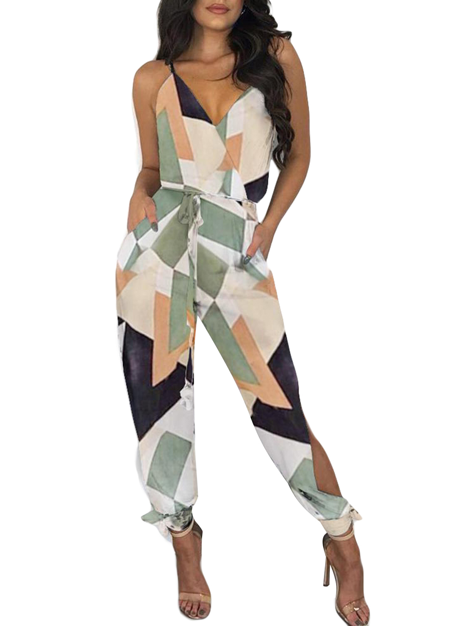Kmbangi Femmes Sexy Combinaison + Imprimé Motif Profond V-Cou Salopette Sans Manches