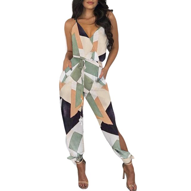 Kmbangi Femmes Sexy Combinaison + Imprimé Motif Profond V-Cou Salopette Sans Manches