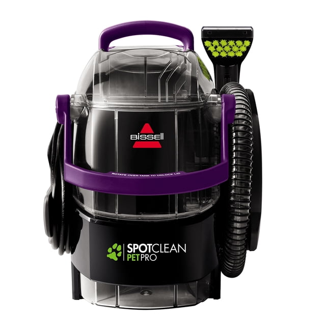 BISSELL SpotClean Pet Pro Nettoyeur de Tapis Portable, 2458, Doté d'Un design compact avec une Finition Noire et Violette. Équipé d'Un Grand Réservoir de 3/4 gallon, d'Un Cordon d'Alimentation de 22 Pieds et d'Un Boyau de 4 Pieds pour une Portée Prolongée. Comprend des Outils Spécialisés pour Animaux comme un Outil Attrape-Taches et un Outil pour Taches Tenaces pour Nettoyer les Tapis, les Tissus d'Ameublement, les Escaliers et les Tapis de Zone. Conçu pour Enlever les Taches Tenaces d'Animaux et la Saleté