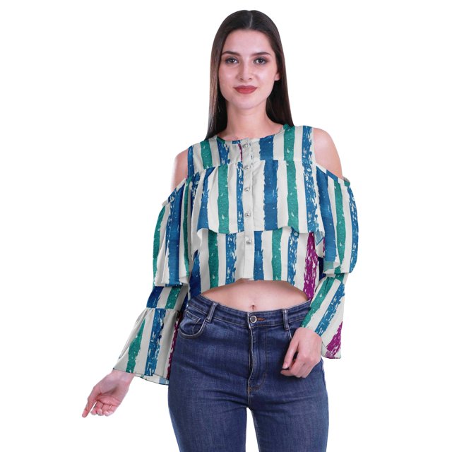Moomaya Button Front Cold Shoulder Top Printed Casual Loose Blouse Short Top