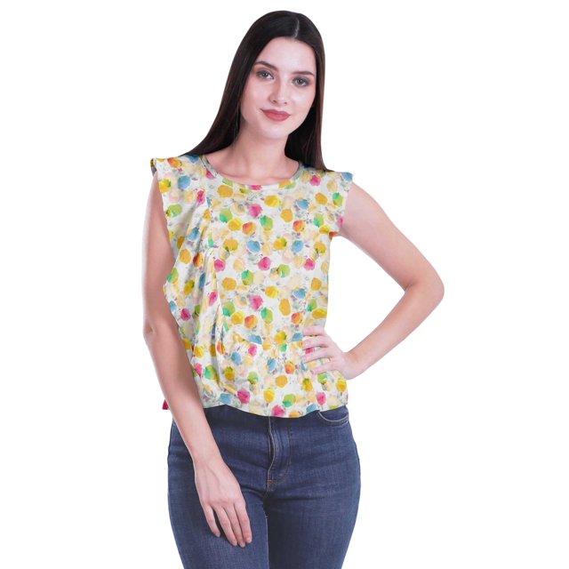 Moomaya Hauts Sans Manches en Jersey de Coton à Volants Femmes Blouse d'Été Imprimée Femmes
