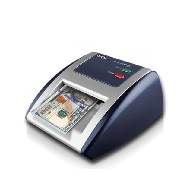 AccuBANKER D450 Counterfeit Money Checker Machine with magnetic, infrared, watermark, and micro-printing detection. Features a compact design with a dark blue and silver finish, visible control buttons for power and alert, and a bill slot displaying a banknote. Provides audible and visual alerts for suspicious bills, detecting counterfeit currency in less than 1 second.