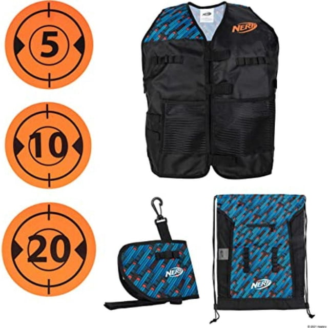 Nerf ELITE Total Tactical Pack Deluxe with a black tactical vest featuring blue and orange patterned shoulder detail, three orange foam target patches numbered 5, 10, and 20, a blue and black patterned holster with Nerf logo, and a matching drawstring backpack, suitable for outdoor foam blaster play.