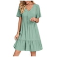 thumbnail image 1 of Meichang Robes d'Été pour Femmes à Col en V, Tuniques Plissées à Volants, Ourlet Superposé, Robe Décontractée Unie, T-Shirts, Robe d'Été à Manches Courtes, Robes Fluides pour Femmes, 1 of 9