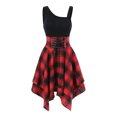 thumbnail image 1 of Fridja Womens Lace-up Short-sleeved Irregular Hem Plaid Stitching Dress, 1 of 5