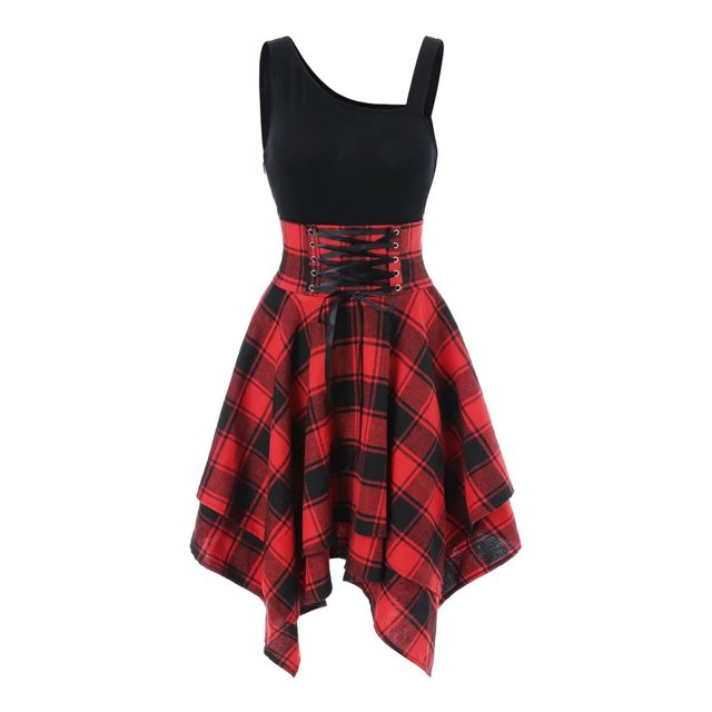 Fridja Womens Lace-up Short-sleeved Irregular Hem Plaid Stitching Dress