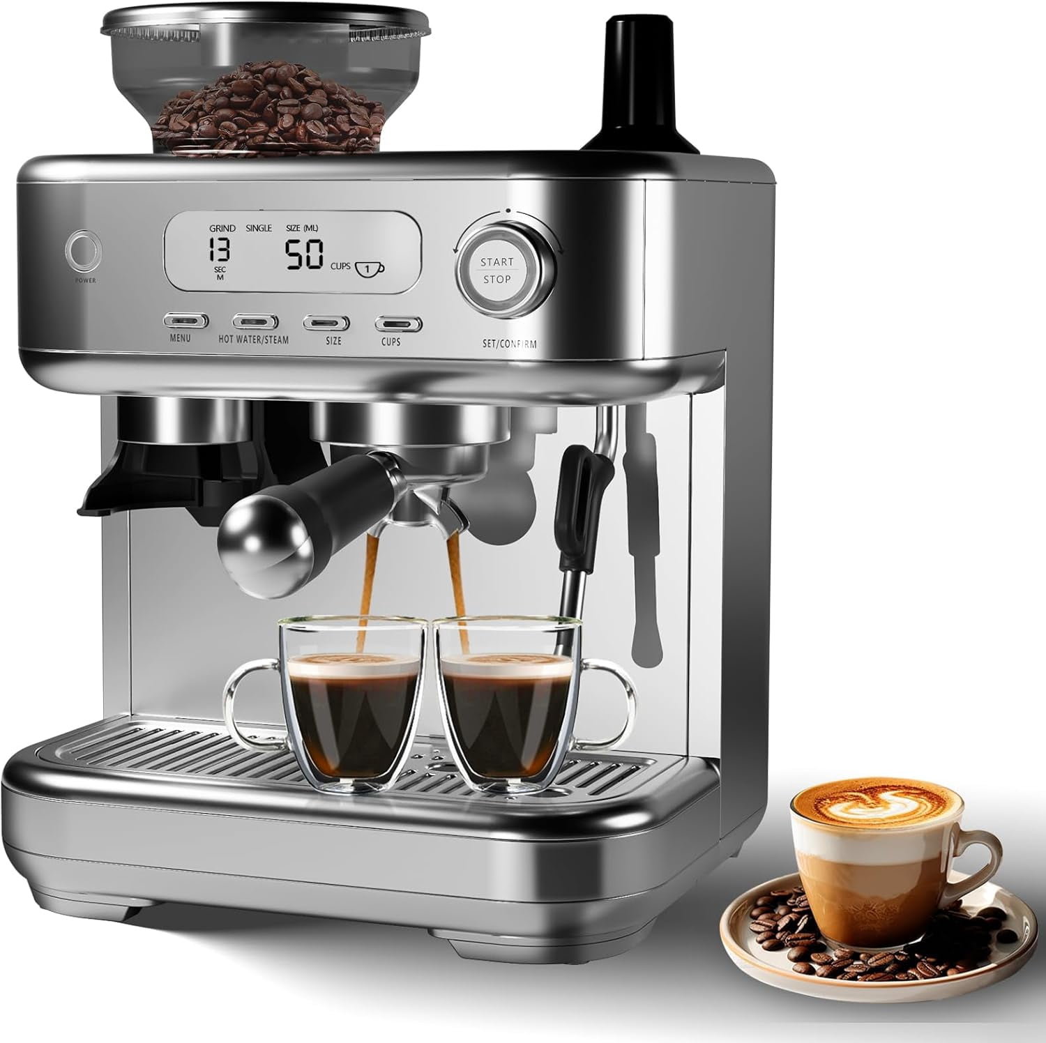 Espresso Machine with Grinder, Professional Coffee and Espresso Maker Combo, Stainless Steel Cafe Espresso Machine with Steam Wand Barista Kit for Cappuccino Latte